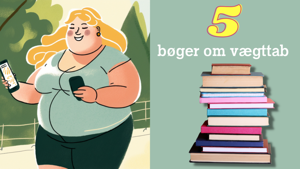 Billede af en stak bøger og titlen: 5 bøger om vægttab. Desuden en overvægtig kvinde, som er ude at gå en tur imens hun lytter til en lydbog om vægttab.